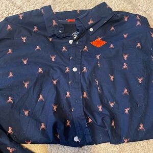 Button down long sleeved holiday shirt